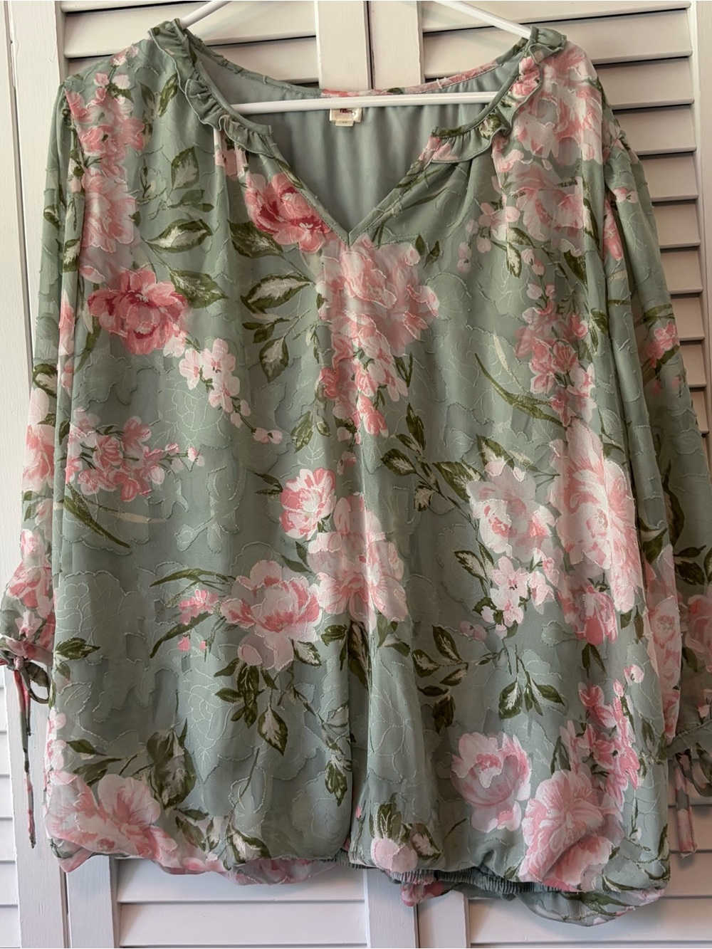 Sage Green Floral V-Neck Women's Blouse with Pink Accents